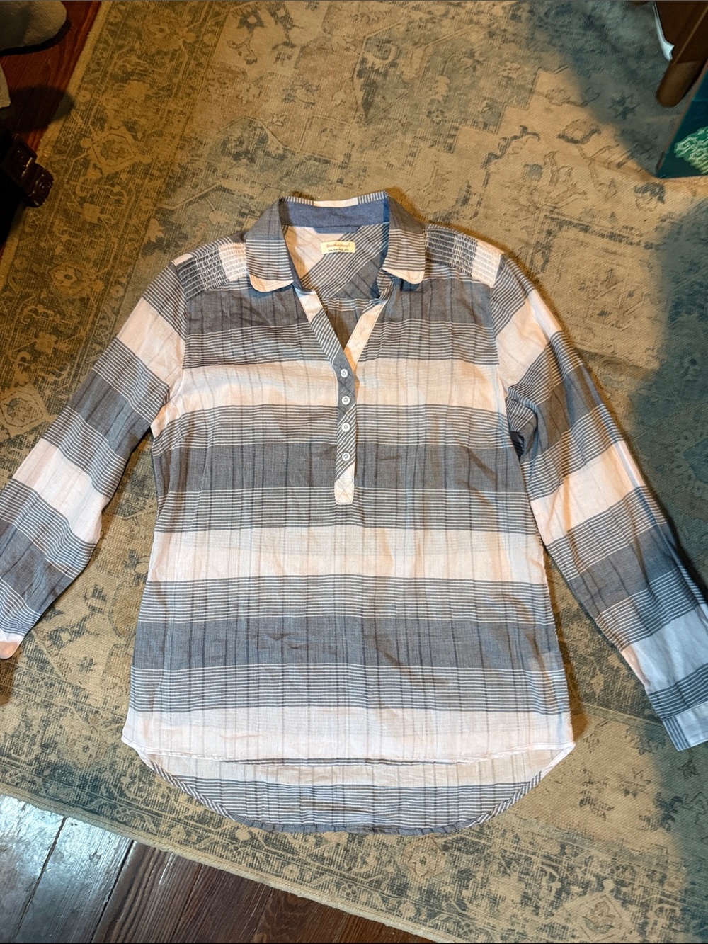 Weatherproof Girls Blue and White Striped Button-Front Shirt